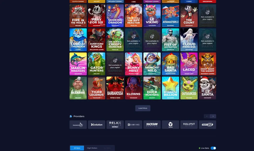 Rainbet Casino Oberfläche mit Spielen