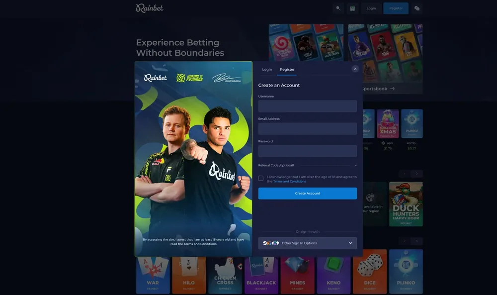 Rainbet Lobby mit Kategorien und Filtern